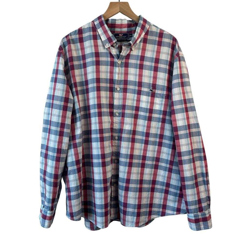 Vineyard Vines Mens Shirt XXL Blue Pink Plaid Tucker Slim Flit Business Casual